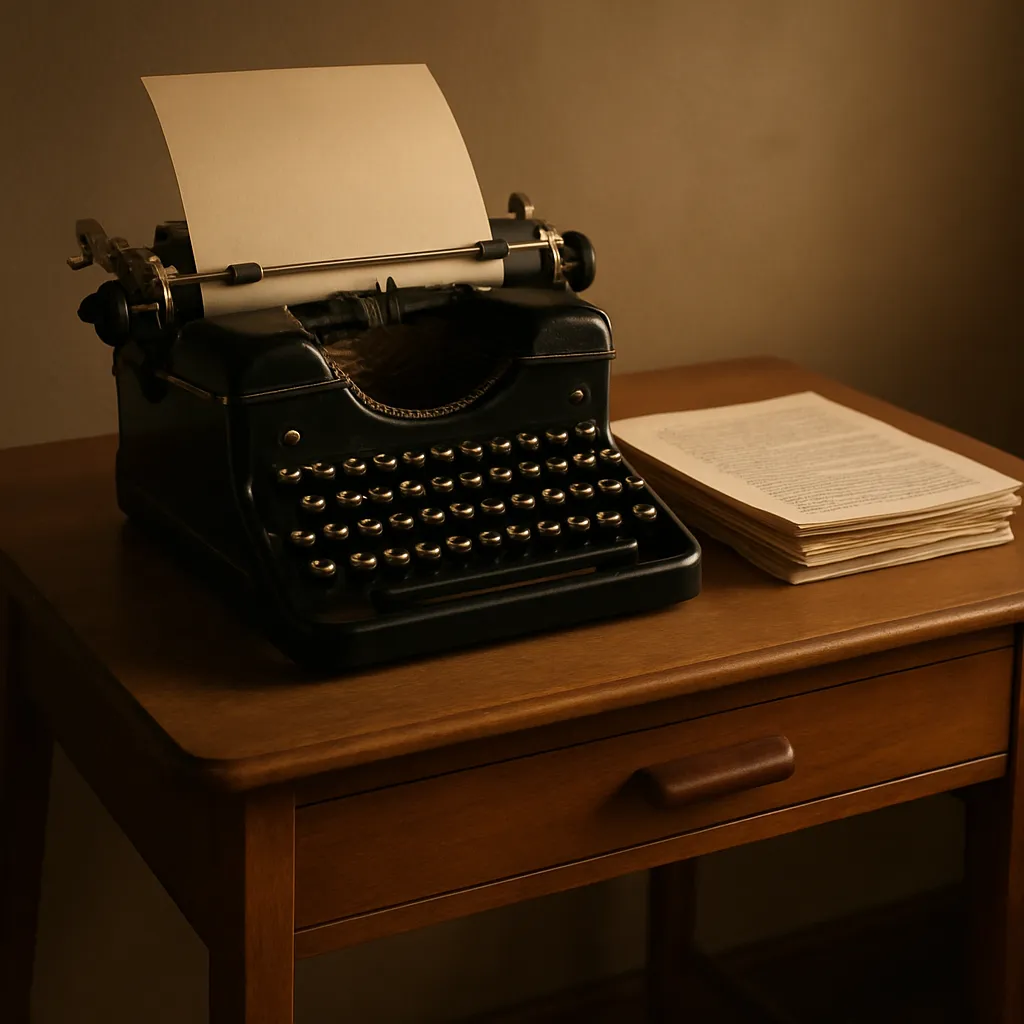 A classic typewriter and manuscript pages