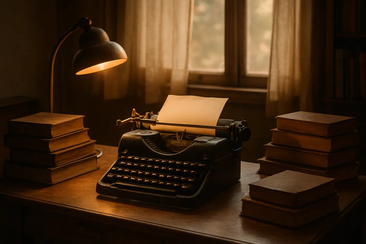 A vintage writer's study with typewriter and books